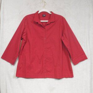 Eileen Fisher Shirt Womens Small Red Button Down 3/4 Sleeves Cotton Blend